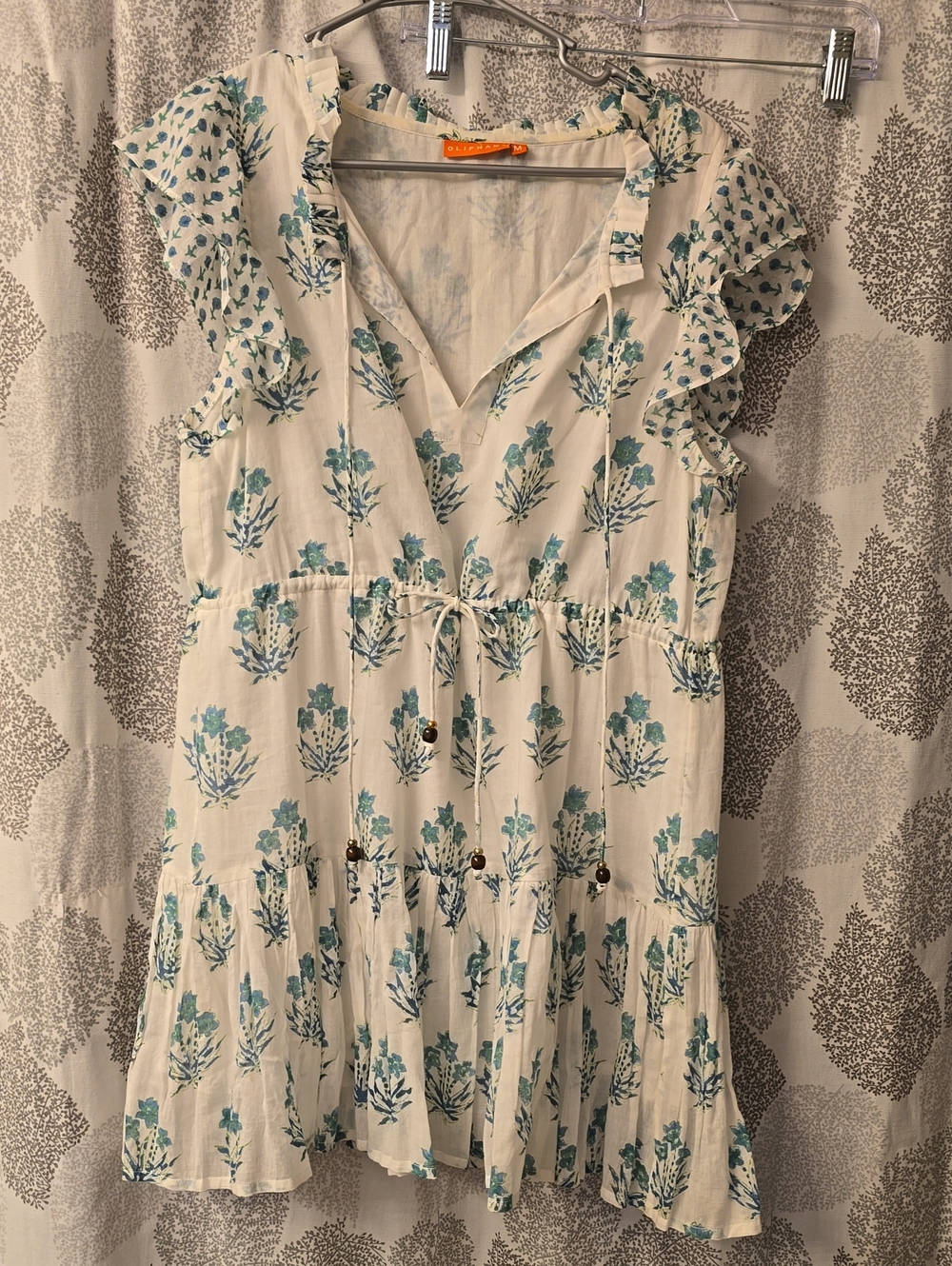 Oliphant Cream Mini Dress with Teal Floral Print and Ruffle Sleeves